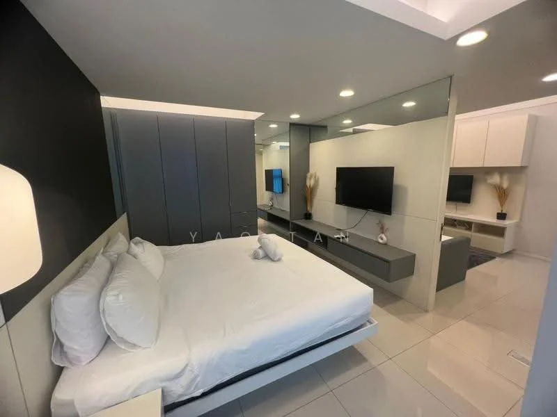 Bedroom features: king-size bed with white bedding, grey upholstered headboard, built-in wardrobe with sliding doors, wall-mounted TV, floating TV console, white walls, recessed ceiling lights, large mirror on wall, tile flooring, decorative plant in corner; style: modern.