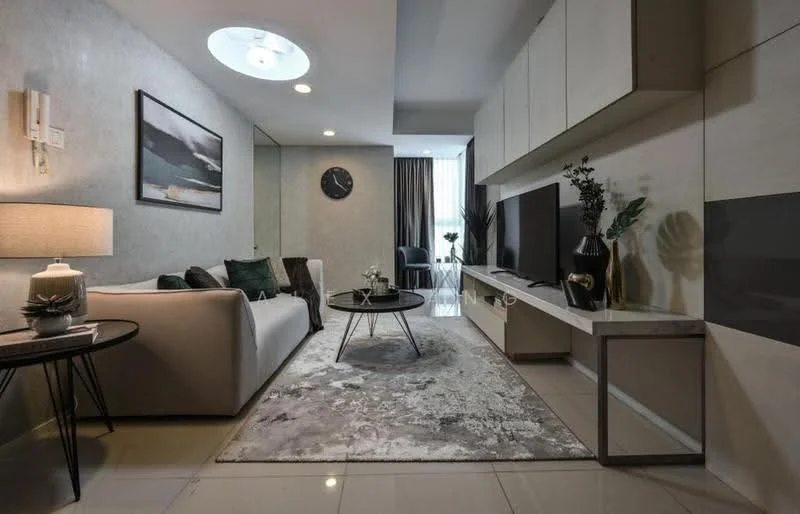 Living features: light grey painted walls, white ceiling with circular light fixture, cream sofa with green cushions, black round coffee table, area rug with abstract pattern, wall-mounted TV, white TV console, decorative plant on console, framed artwork on wall, floor-to-ceiling windows with sheer curtains, dark curtain, small round side table with lamp; style: modern.