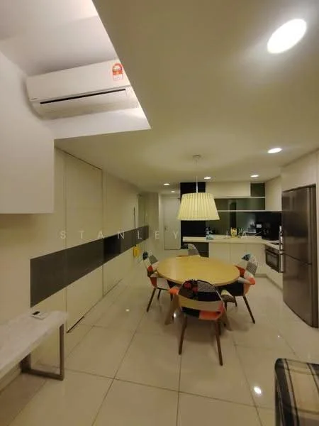 Kitchen features: white painted walls, glossy tile flooring, recessed downlights, ceiling-mounted air conditioning unit, round dining table, upholstered dining chairs with colorful patterns, built-in cabinetry, stainless-steel fridge, built-in oven, countertop with integrated sink, kitchen island, open shelving, modern pendant light; style: modern.