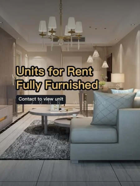 Living features: 3-seater fabric sofa in light grey, coffee table with round top, area rug with geometric pattern, chandelier with multiple bulbs, recessed downlights, wall-mounted TV, decorative wall art, side table with lamp, floor-to-ceiling windows, curtains, wooden flooring, built-in cabinetry, decorative plants; style: modern.