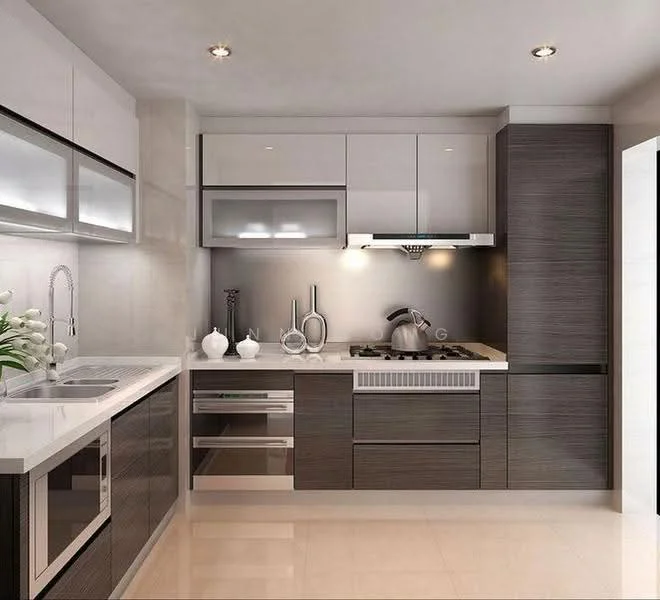 Kitchen features: white quartz countertop, grey flat-panel cabinets, stainless-steel built-in oven, stainless-steel gas hob, stainless-steel range hood, single-bowl stainless-steel sink, chrome pull-down faucet, recessed LED downlights, ceramic tile flooring, decorative vases, wall-mounted cabinetry, open shelving; style: modern.