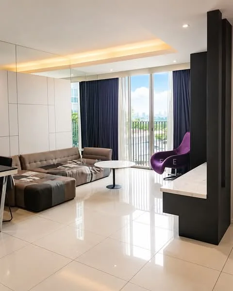 Living features: 3-seater fabric sofa in brown, coffee table with round top, floor-to-ceiling windows, curtains in dark blue, marble countertop, wall-mounted TV, recessed lighting, glossy tile flooring, accent wall in black, decorative wall paneling, open layout, view of city skyline; style: modern; view: city.