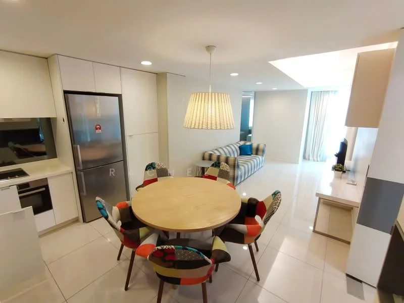 Dining features: round wooden dining table, 8 upholstered dining chairs with colorful fabric, pendant light fixture, white cabinetry, stainless-steel fridge, built-in oven, ceramic tile flooring, recessed ceiling lights, open layout to living area, floor-to-ceiling windows with sheer curtains; style: modern. Living features: striped fabric sofa, coffee table, TV console, decorative plant, ceramic tile flooring, recessed ceiling lights, floor-to-ceiling windows with sheer curtains; style: modern.