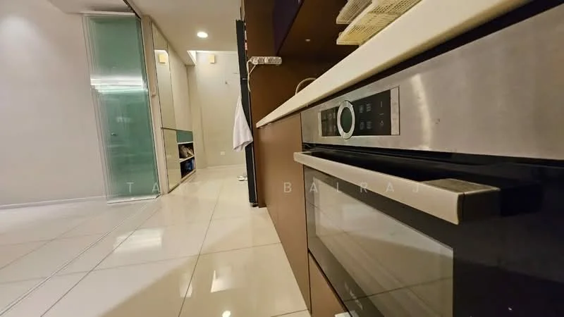 Kitchen features: stainless-steel built-in oven, white countertop, dark wood cabinetry, ceramic tile flooring, recessed downlights, splashback, open shelving, built-in microwave, kitchen island; style: modern.