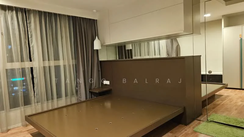 Bedroom features: wooden flooring, floor-to-ceiling windows, sheer curtains, brown accent wall, mirrored wall, built-in wardrobe, hanging pendant light, platform bed with storage, decorative area rug; style: modern; view: city.