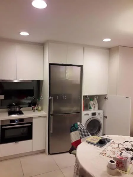Kitchen features: white cabinetry, stainless-steel fridge, built-in oven, 4-burner gas hob, stainless-steel range hood, white countertops, ceramic tile flooring, recessed downlights, washing machine, dining table, decorative tablecloth; style: modern.