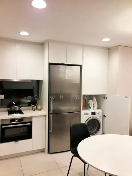 Kitchen features: white cabinetry, stainless-steel fridge, built-in oven, 4-burner gas hob, white countertop, black glass splashback, recessed LED downlights, washing machine, round dining table, black dining chair, tile flooring; style: modern.