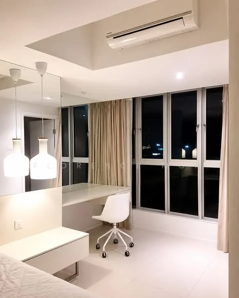 Bedroom features: floor-to-ceiling windows, sheer curtains, white walls, recessed downlights, 2 pendant lamps, white desk, white chair on wheels, air conditioning unit, mirror, bedside table, queen-size bed; style: modern; view: city.