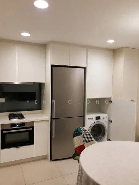 Kitchen features: white cabinetry, stainless-steel fridge, built-in oven, 4-burner gas hob, white countertop, washing machine, recessed LED downlights, cream tiled flooring, round dining table, colorful chair, ventilation hood; style: modern.