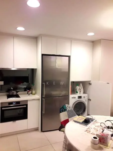 Kitchen features: white cabinetry, stainless-steel fridge, built-in oven, 4-burner gas hob, white countertop, ceramic tile flooring, recessed downlights, washing machine, kitchen sink, open shelving, decorative tablecloth, dining table, kitchen utensils; style: modern.