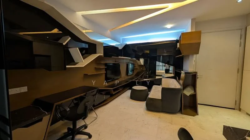 Room features: modern built-in shelving, dark wood paneling, light-colored flooring, recessed LED lighting, multiple seating options, large windows, minimalist design, open layout, desk area with chair, decorative wall elements; style: modern.