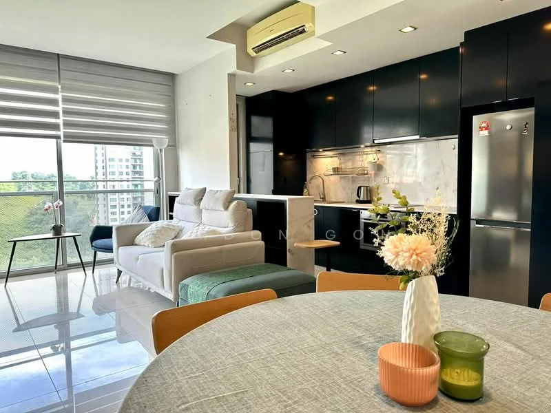 Living features: floor-to-ceiling windows, grey fabric sofa, marble countertop, black cabinetry, stainless-steel fridge, built-in oven, recessed downlights, dining table with grey tablecloth, decorative vase with flowers, green accent chair, open-plan layout, sliding glass door, view of greenery; style: modern; view: garden.