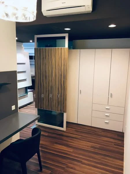 Room features: dark wood flooring, built-in wardrobe with wood finish, white cabinetry with handles, desk with grey surface, wall-mounted shelves, air conditioning unit, recessed ceiling lights, modern chandelier; style: modern.