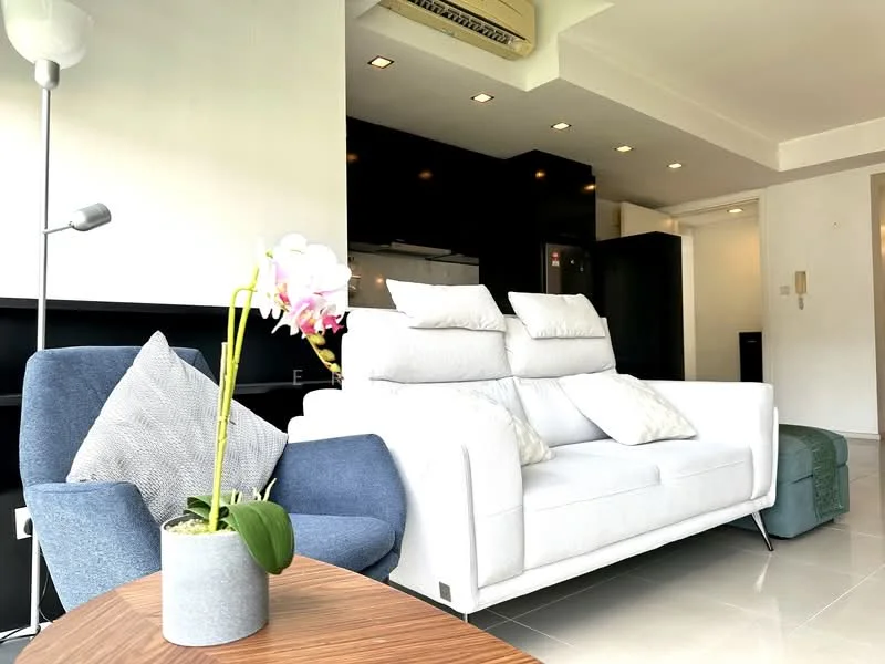 Living features: white fabric sofa, 2 grey accent chairs, wooden coffee table, recessed ceiling lights, wall-mounted air conditioning unit, black cabinetry, glossy white walls, ceramic tile flooring; style: modern.