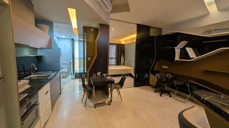 Living features: marble flooring, white painted walls, recessed downlights, ceiling with integrated lighting, black cabinetry, kitchenette with sink, stainless-steel appliances, glass dining table, black dining chairs, bed with headboard, large window with curtains, open layout, study desk, decorative wall shelving; style: modern.