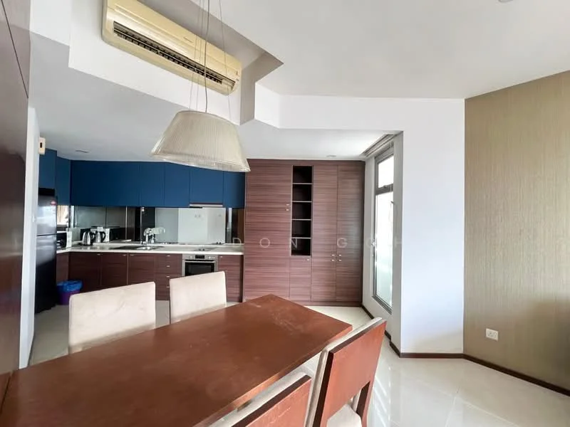 Kitchen features: blue cabinetry, brown wood cabinetry, stainless-steel built-in oven, stainless-steel microwave, stainless-steel sink, chrome faucet, ceramic tile flooring, recessed downlights, wall-mounted split AC, open shelving, kitchen island, dining table with four chairs, large window for natural light; style: modern.