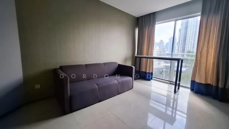 Living features: grey fabric sofa, glass-top coffee table, floor-to-ceiling windows, sheer curtains, cream painted walls, polished tile flooring, city skyline view; style: modern; view: city.