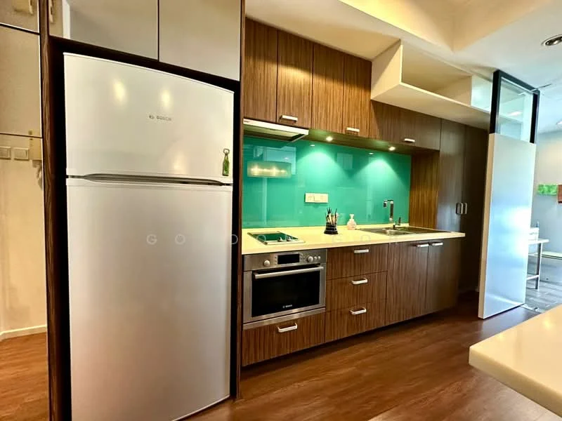 Kitchen features: stainless-steel fridge, built-in oven, 4-burner gas hob, white countertop, green backsplash, wood cabinetry, under-cabinet lighting, single-bowl stainless-steel sink, chrome pull-down faucet, laminate flooring, open shelving, wall-mounted cabinets; style: modern.