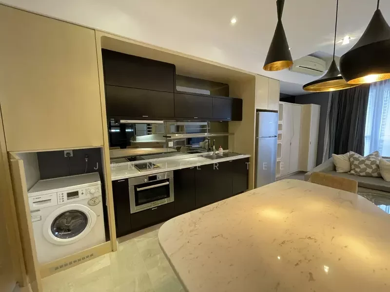 Kitchen features: black cabinetry, white marble countertop, built-in oven, stainless-steel range hood, 4-burner gas hob, single-bowl stainless-steel sink, chrome pull-down faucet, integrated refrigerator, front-load washing machine, pendant lighting, recessed downlights, open shelving; style: modern.
