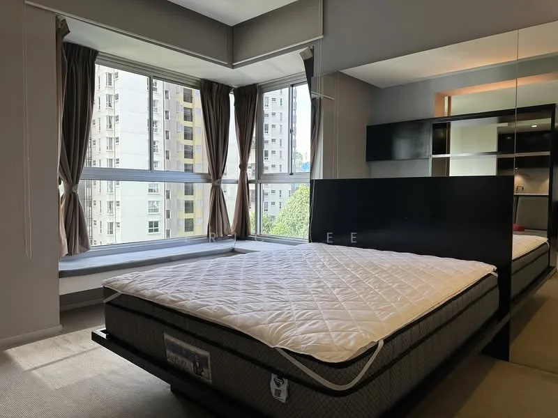 Bedroom features: king-size bed, upholstered headboard, floor-to-ceiling windows, curtains, built-in wardrobe, mirrored wall, carpet flooring, window seat, neutral wall color, decorative lighting; style: modern; view: city.