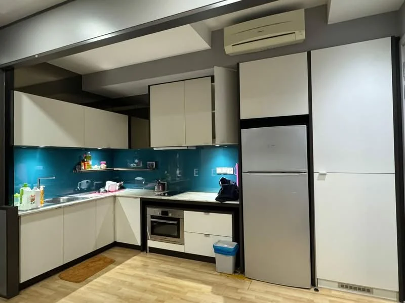 Kitchen features: white cabinetry, stainless-steel fridge, built-in oven, ceramic cooktop, single-bowl stainless-steel sink, chrome pull-down faucet, blue glass backsplash, laminate countertop, wooden flooring, wall-mounted split AC; style: modern.
