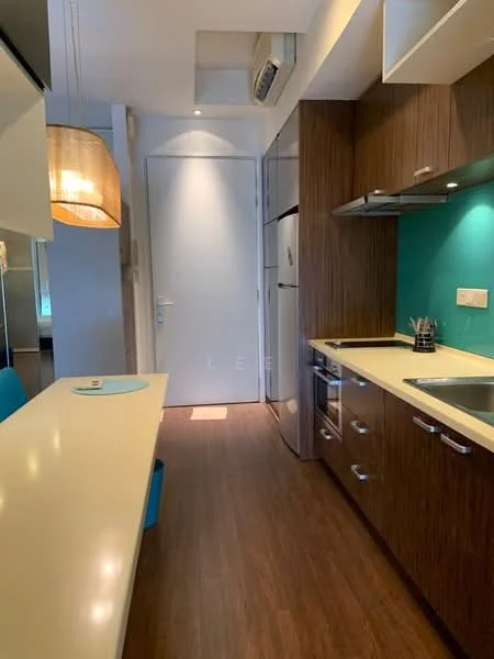 Kitchen features: brown wooden cabinetry, white countertop, stainless-steel sink, chrome pull-down faucet, built-in oven, stainless-steel fridge, recessed downlights, pendant lamp, blue accent wall, open shelving, kitchen island with seating, wooden flooring, wall-mounted split AC; style: modern.