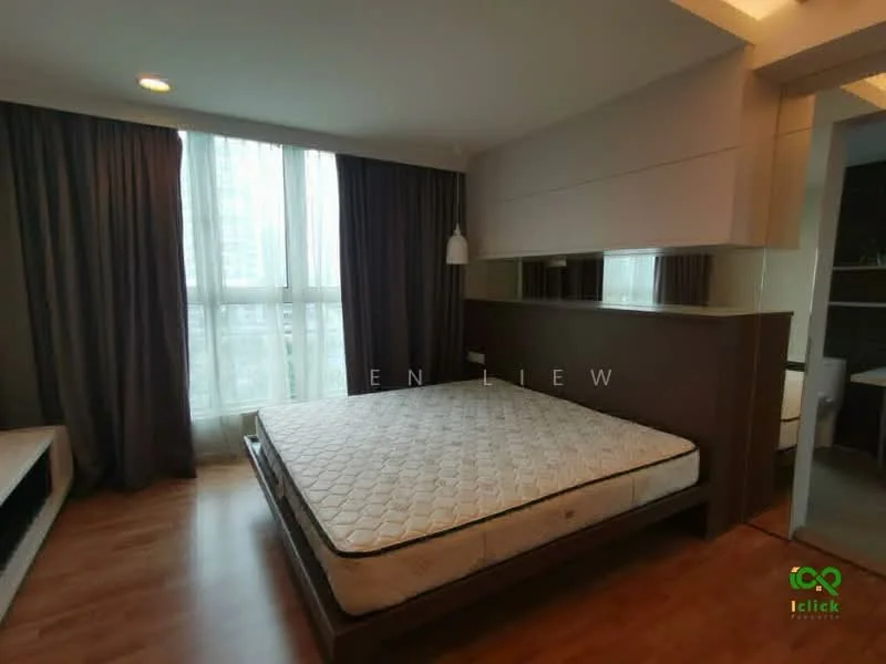 Bedroom features: queen-size bed, upholstered headboard, wooden flooring, floor-to-ceiling windows, sheer curtains, recessed downlights, built-in wardrobe, wall-mounted mirror, decorative wall paneling; style: modern; view: city.