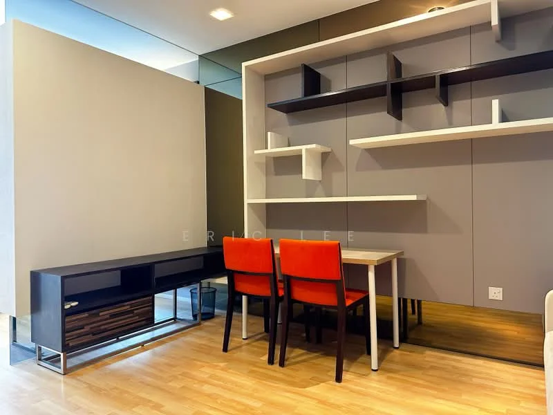 Dining features: wooden flooring, grey accent wall, white shelving unit, black console table, red upholstered dining chairs, white dining table, mirror on wall, decorative wall paneling; style: modern.