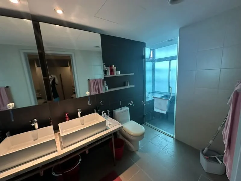 Bathroom features: double-sink vanity with white countertop, chrome basin mixer faucets, large wall-mounted mirror, black accent wall, light grey tiled walls, grey tile flooring, walk-in shower with glass enclosure, toilet, open shelving, pink towels, laundry basket; style: modern.