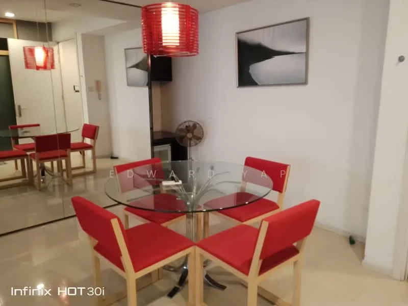 Dining features: glass dining table, 4 red upholstered dining chairs, pendant lamp with red shade, mirror on wall, cream painted walls, polished tile flooring, ceiling with recessed lighting; style: modern.