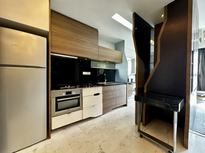 Kitchen features: stainless-steel fridge, built-in oven, 4-burner gas hob, black countertop, white cabinetry with flat-panel design, wooden upper cabinets, black backsplash, marble tile flooring, under-cabinet lighting, open shelving, kitchen island with seating, modern faucet; style: modern.