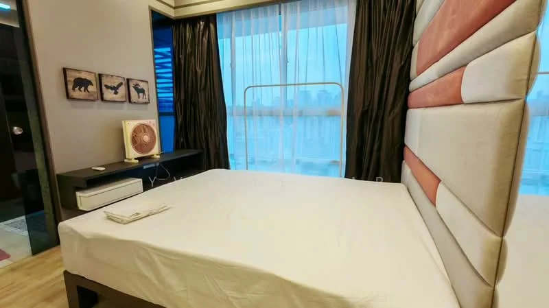 Bedroom features: king-size bed, upholstered headboard with vertical stripes, white bedding, dark curtains, floor-to-ceiling windows, wooden flooring, nightstand, decorative wall art with animal prints, ceiling fan; style: modern; view: city.