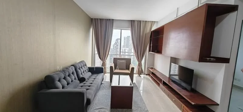 Living features: grey tufted fabric sofa, wooden coffee table, wooden TV console, wall-mounted TV, floor-to-ceiling windows, sheer curtains, light-coloured walls, marble tile flooring, decorative wall paneling, area rug; style: modern; view: city.