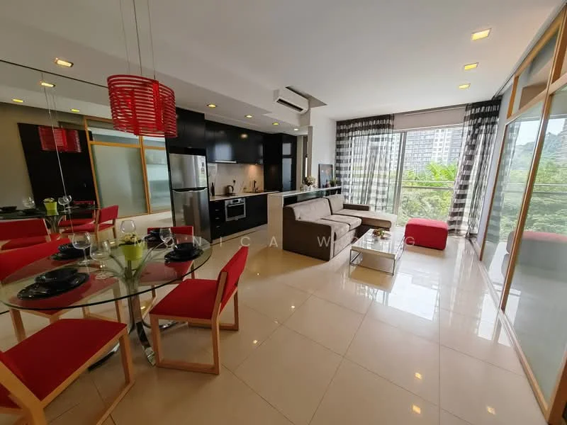 Living features: cream tiled flooring, floor-to-ceiling windows, sliding glass door, blackout curtains, 3-seater fabric sofa in beige, red accent chair, coffee table, TV console, wall-mounted TV, dining table with 4 red chairs, recessed downlights, air conditioning unit; style: modern; view: garden.