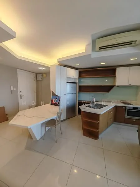 Kitchen features: marble dining table, 4 dining chairs, stainless-steel fridge, built-in oven, stainless-steel sink, chrome pull-down faucet, laminate cabinetry, white countertop, ceramic tile flooring, recessed downlights, wall-mounted split AC, open shelving; style: modern.