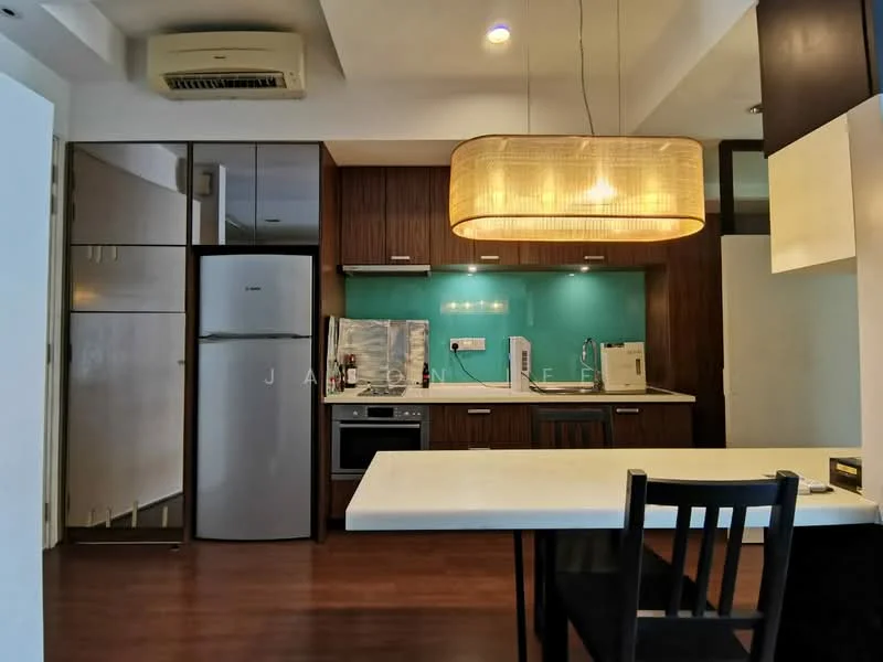 Kitchen features: brown wooden cabinetry, white countertop, turquoise backsplash, stainless-steel fridge, built-in oven, freestanding range oven, microwave, single-bowl stainless-steel sink, chrome pull-down faucet, pendant light, recessed downlights, wall-mounted split AC, dining table with black chairs; style: modern.
