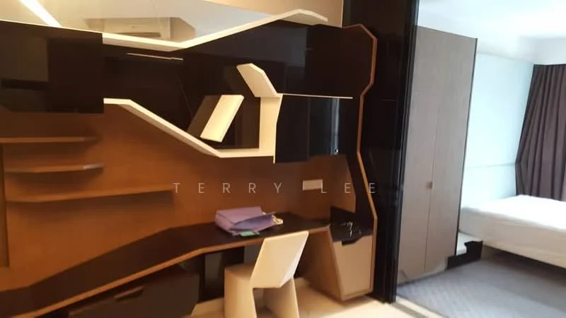 Room features: built-in desk with storage, black and brown cabinetry, modern design, white chair, wall-mounted shelves, floor-to-ceiling wardrobe, carpeted flooring, large window with natural light; style: modern.