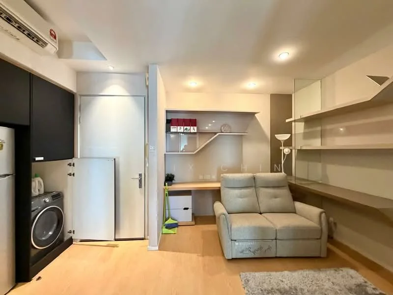 Living features: light wood flooring, white painted walls, built-in shelving unit, sofa in light grey fabric, desk with chair, refrigerator, front-load washing machine, recessed downlights, air conditioning unit, floor lamp; style: modern.