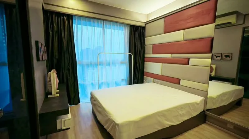 Bedroom features: queen-size bed, upholstered headboard with geometric pattern, floor-to-ceiling windows, sheer curtains, wooden flooring, mirrored wardrobe, wall-mounted air conditioning unit, decorative wall panels in red and beige, nightstand, table lamp; style: modern; view: city.