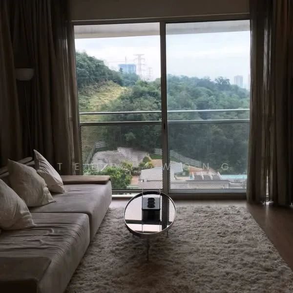 Living features: 3-seater fabric sofa in light beige, coffee table with round glass top, area rug with plush texture, floor-to-ceiling windows, curtains in light fabric, wooden flooring, decorative wall lamp, view of greenery and hillside; style: modern; view: garden.