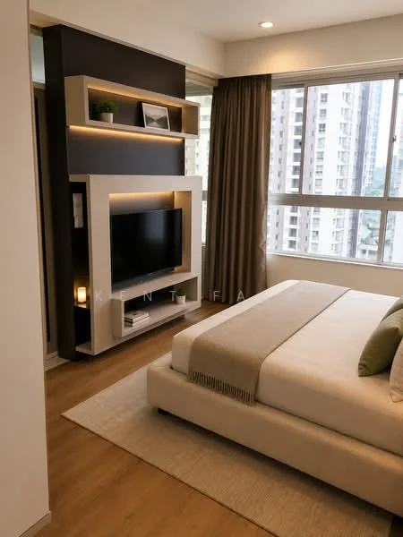 Bedroom features: queen-size bed with beige bedding, upholstered headboard, bedside table with lamp, wall-mounted TV, floating shelf with decorative items, floor-to-ceiling windows, curtains, wooden flooring, area rug with neutral color, built-in wardrobe; style: modern; view: city.