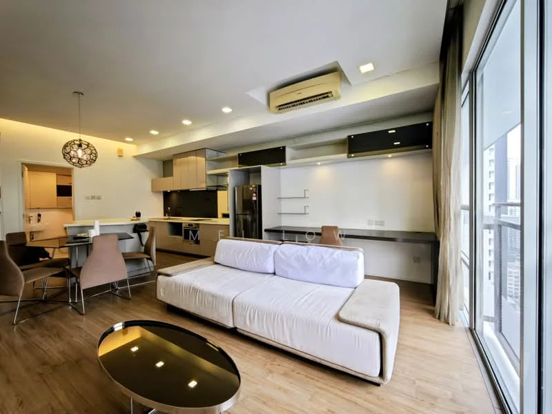 Living features: 3-seater fabric sofa in white, round coffee table with metallic base, dining table for 4 with upholstered chairs, kitchen island with bar seating, stainless-steel fridge, built-in oven, ceramic cooktop, open shelving, recessed downlights, wall-mounted air conditioning unit, floor-to-ceiling windows, wooden flooring, curtains, decorative pendant light; style: modern; view: city.
