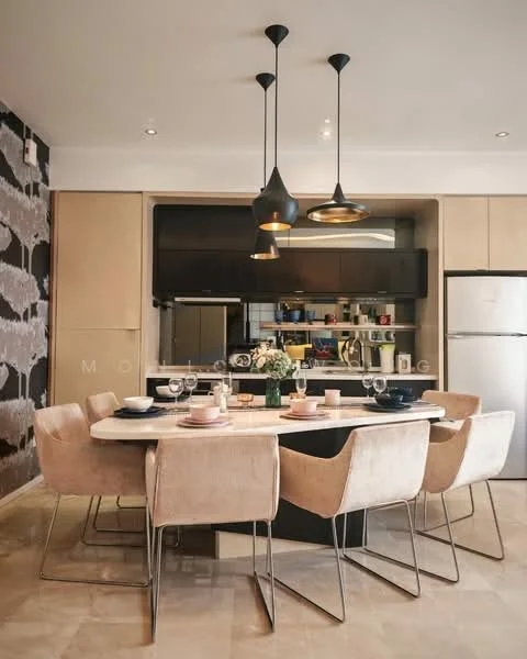 Kitchen features: marble dining table, upholstered dining chairs, pendant lighting with black shades, white cabinetry, black countertop, stainless-steel fridge, built-in oven, microwave, open shelving, decorative wall with patterned wallpaper, ceramic tile flooring, recessed lighting; style: modern.