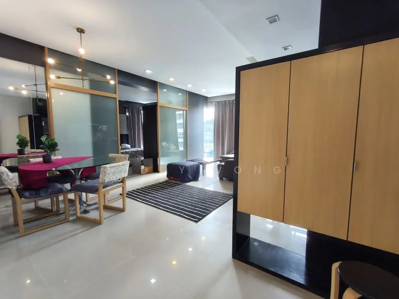 Living features: grey tiled flooring, large windows with sheer curtains, black accent wall, recessed downlights, pendant light fixture, sofa in navy blue, coffee table, area rug with geometric pattern, dining table with 6 chairs, built-in cabinetry, decorative plants; style: modern; view: city.