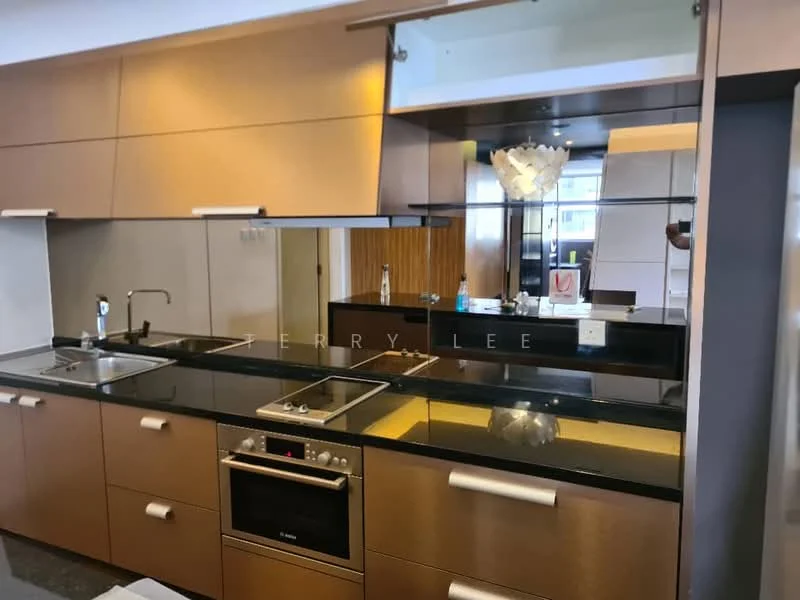 Kitchen features: black granite countertop, brown cabinetry, built-in oven, 4-burner gas hob, stainless-steel sink, chrome pull-down faucet, mirror backsplash, under-cabinet lighting, recessed downlights, glass pendant light; style: modern.