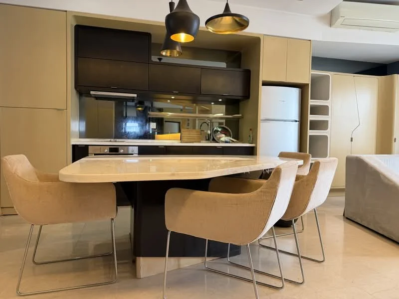 Kitchen features: marble countertop, black cabinetry, stainless-steel fridge, built-in oven, 4-burner gas hob, single-bowl stainless-steel sink, chrome pull-down faucet, pendant lighting, cream painted walls, tile flooring, open shelving, bar stools, recessed downlights; style: modern.