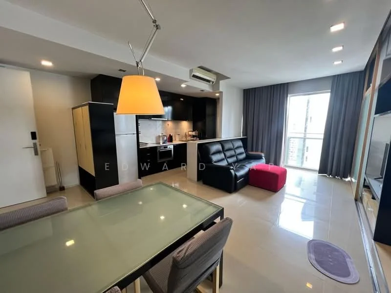 Living features: black leather sofa, red ottoman, glass dining table, 4 upholstered dining chairs, kitchenette with black cabinetry, stainless-steel sink, built-in oven, stove with hood, refrigerator, floor-to-ceiling windows, grey curtains, recessed lighting, tile flooring; style: modern; view: city.