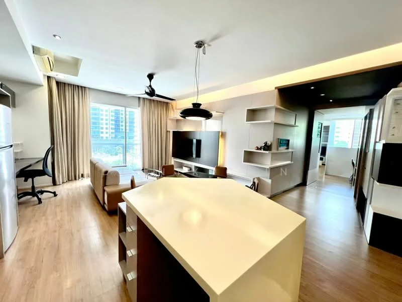Living features: light wood flooring, floor-to-ceiling windows, cream painted walls, recessed downlights, 5-blade ceiling fan with light, wall-mounted TV, brown leather sofa, coffee table, TV console, decorative shelving, curtains, open-plan layout with kitchen, view of city skyline; style: modern; view: city. Kitchen features: island countertop with white surface, dark cabinetry, stainless-steel fridge, built-in oven, microwave, open shelving, pendant lighting; style: modern.