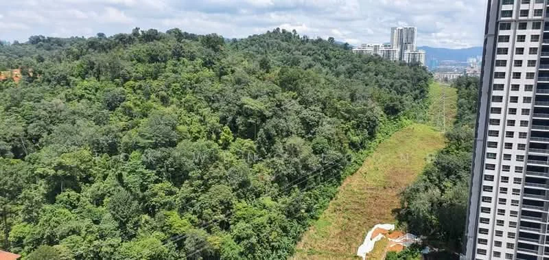 Exterior features: lush greenery, hillside view, urban skyline in distance, power lines visible, clear blue sky, partially cleared land, dense forest, residential buildings in background.