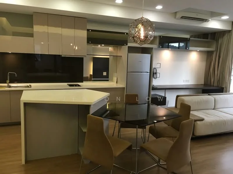 Kitchen features: white quartz countertop, stainless-steel sink, chrome pull-down faucet, built-in oven, stainless-steel fridge, flat-panel cabinets in beige, black backsplash, induction cooktop, recessed downlights; style: modern. Living features: 3-seater fabric sofa in white, glass dining table, 4 upholstered dining chairs, wall-mounted TV, open shelving, wooden flooring, ceiling-mounted air conditioning unit, decorative pendant light; style: modern.